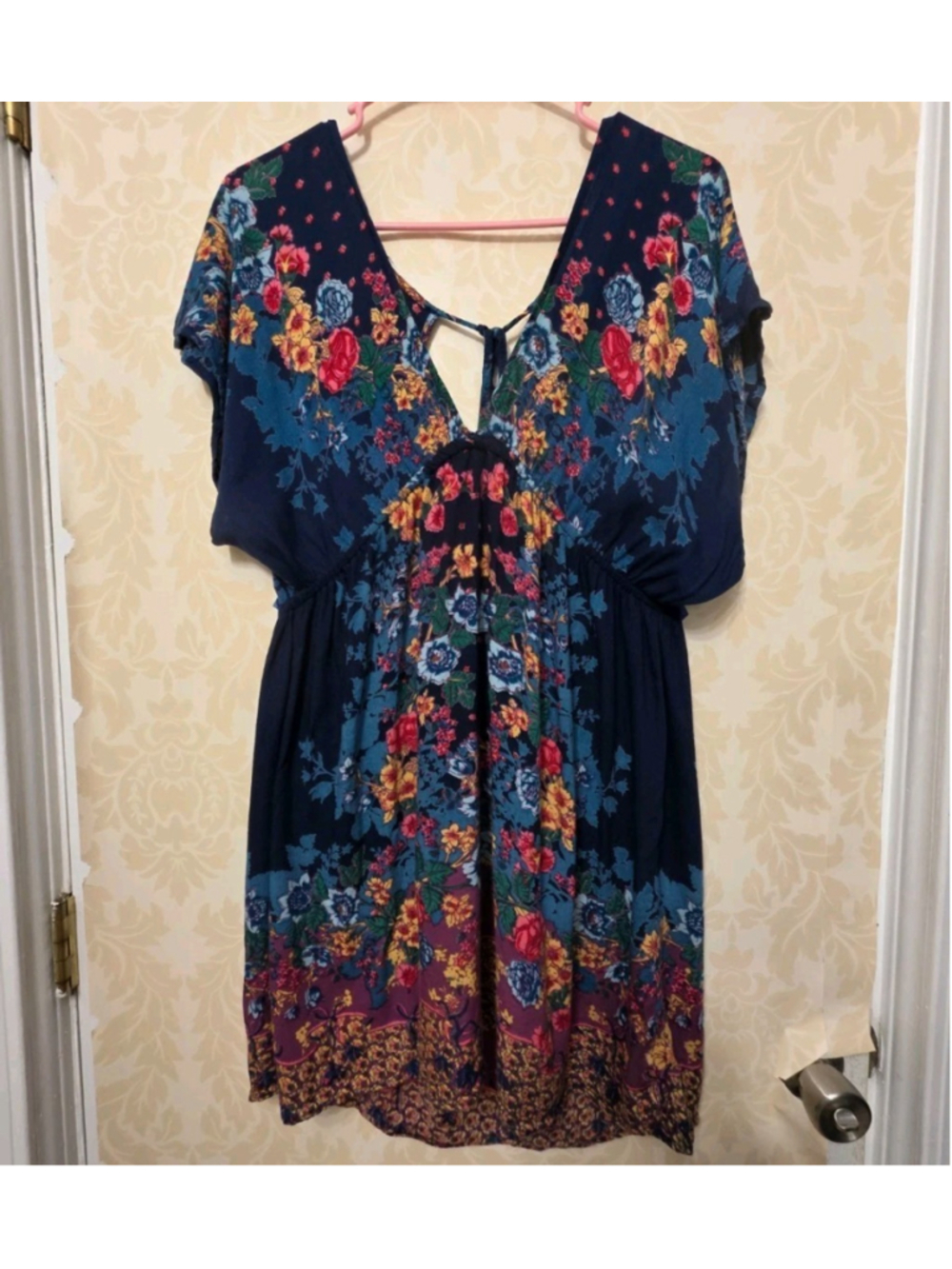 Angie Womens Blue Floral Empire Waist Boho Hippie Rayon Mini Dress Size L